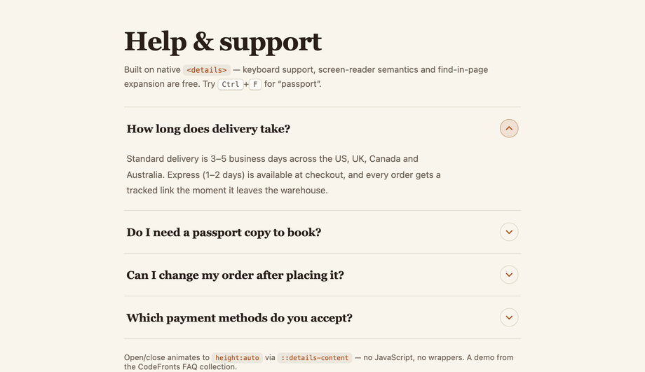 Native <details> FAQ Block with Custom Styled Icons — preview