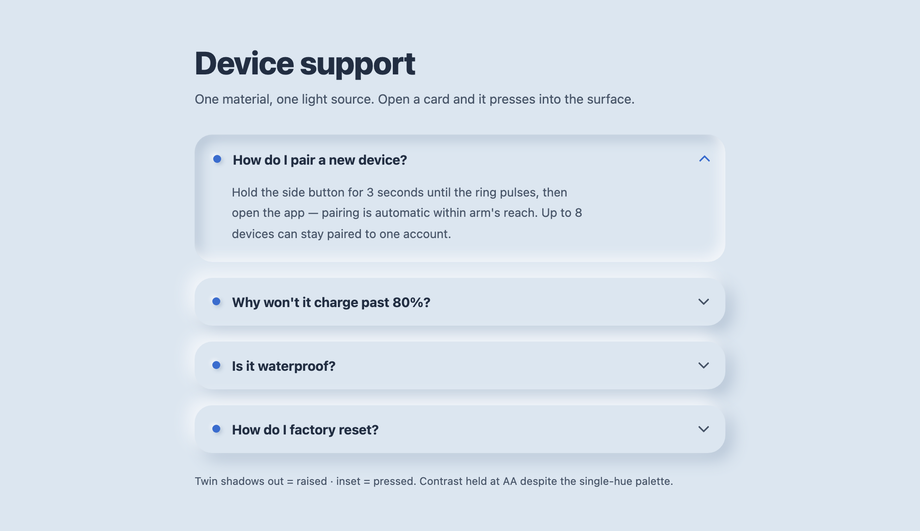 Neumorphic Soft-UI FAQ Accordion Cards — preview