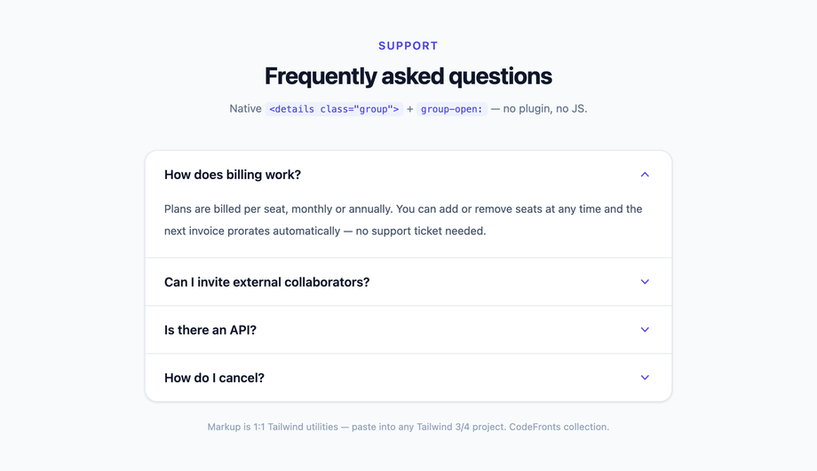 Tailwind CSS FAQ Accordion Template — preview