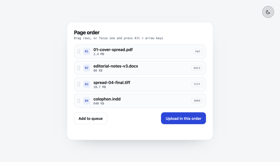 Reorderable Drag and Drop Upload List — preview