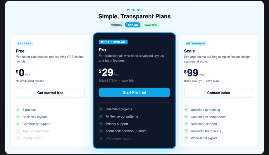 CSS Flexbox Pricing Table Layout — preview