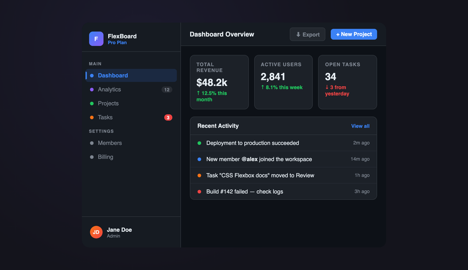 CSS Flexbox Sidebar Dashboard Layout — preview