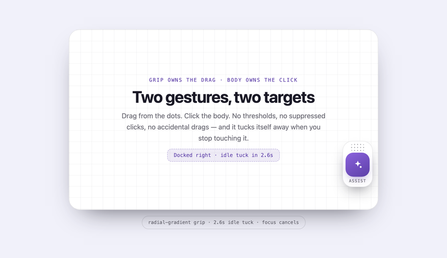 Draggable Floating Button with 6-Dot Grip Handle CSS — preview