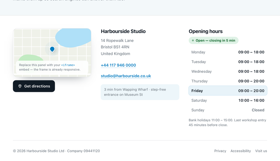 CSS Footer with Embedded Google Maps & Office Hours — preview
