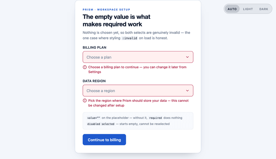 Custom Select Required Validation — preview