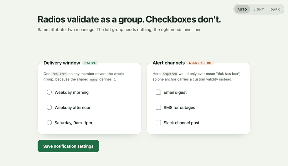 Pure CSS Required Checkbox Groups — preview