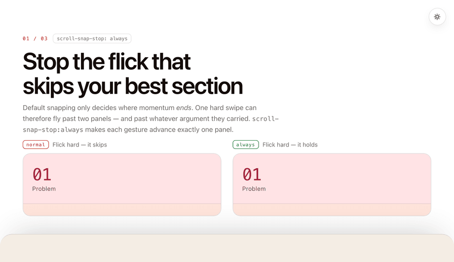CSS Scroll Snap Stop to Prevent Skipping Sections — preview
