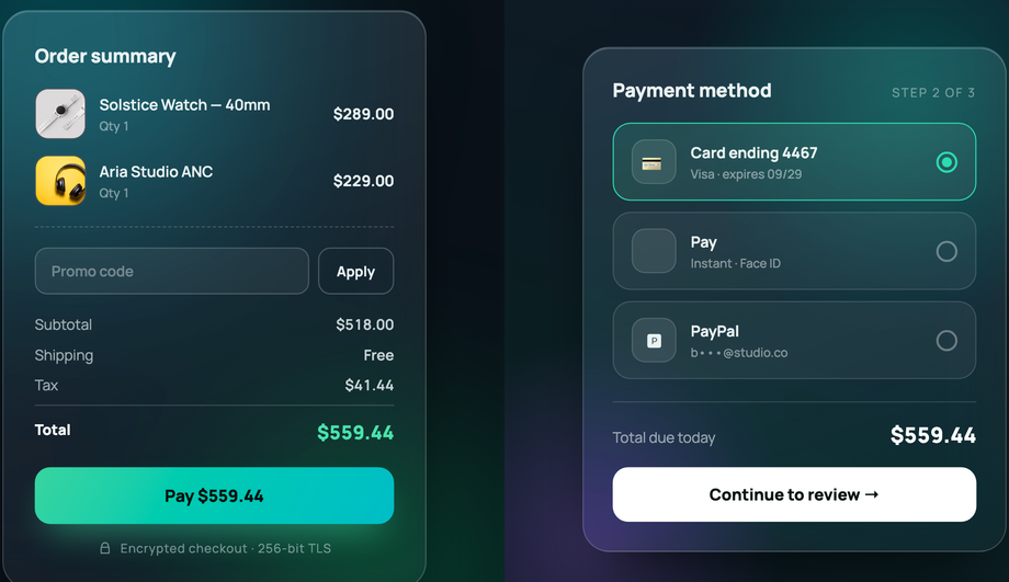 CSS Glassmorphism Checkout Card Design — preview