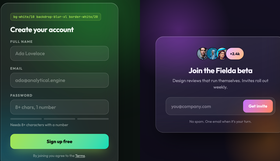 Glassmorphism Sign Up Card Tailwind CSS — preview