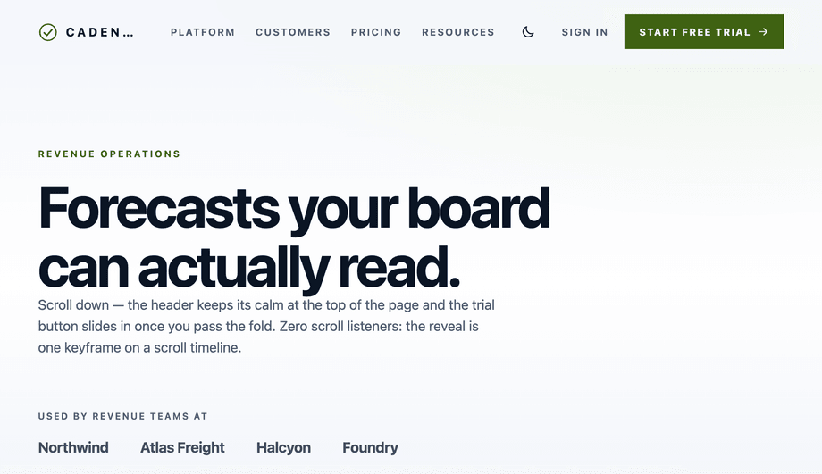 Marketing Header with Sticky CTA Slide-In — preview