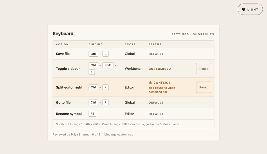 App Settings Shortcut Mapping Table — preview