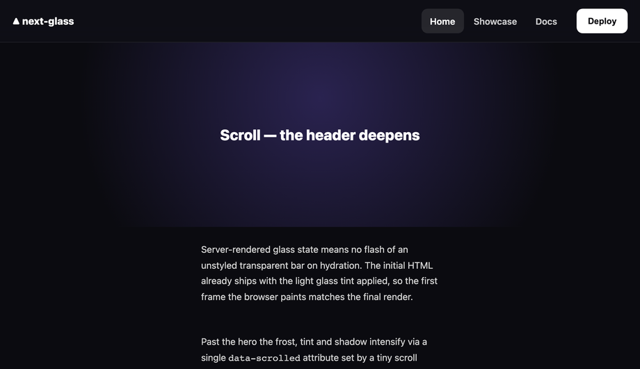 Next.js Sticky Glass Header — preview