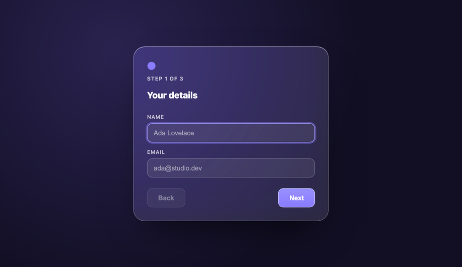 Liquid Glass Multi-Step Form Wizard — preview