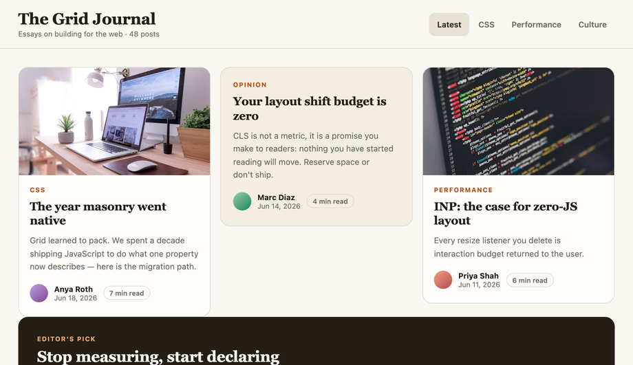 CSS Masonry Blog Post Cards Layout — preview