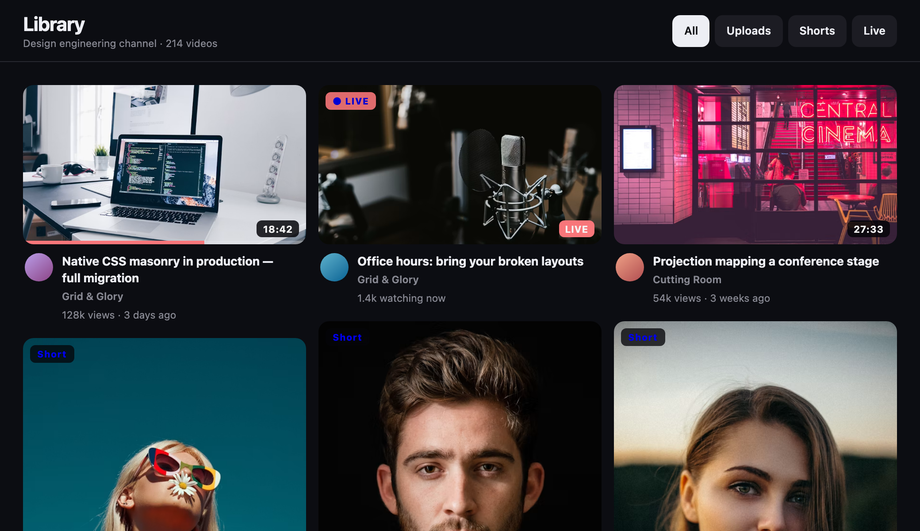 CSS Masonry Video Thumbnail Gallery — preview