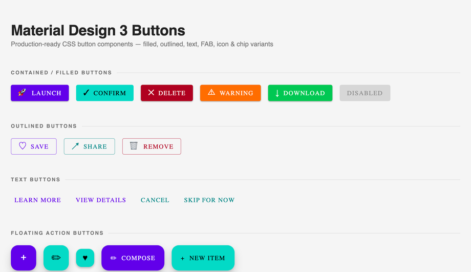 Material Design Buttons CSS — preview