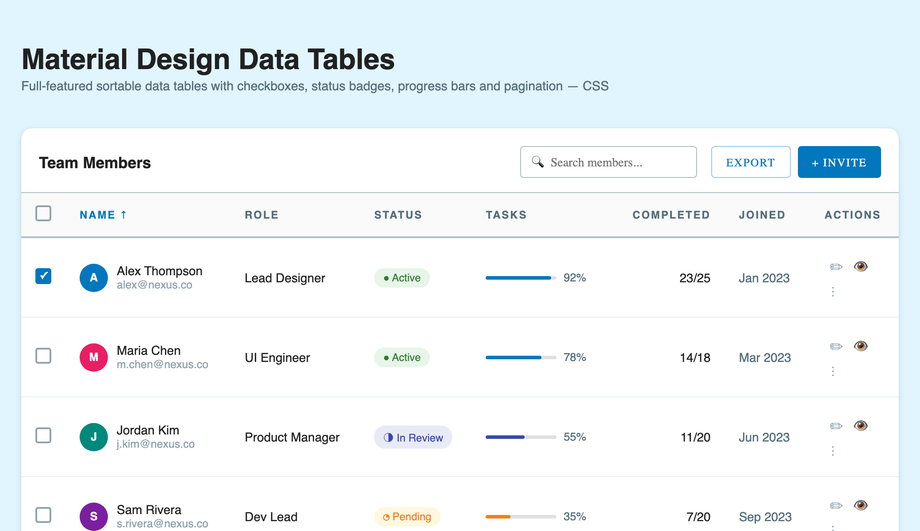 Material Design Data Table CSS — preview