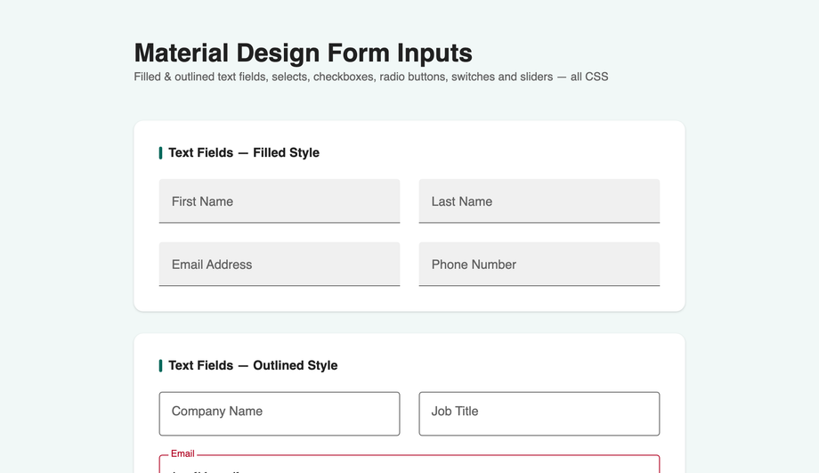 Material Design Form Inputs CSS — preview