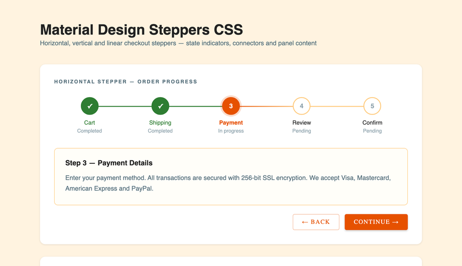 Material Design Stepper CSS — preview
