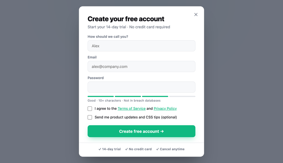 CSS Signup Registration Modal — preview