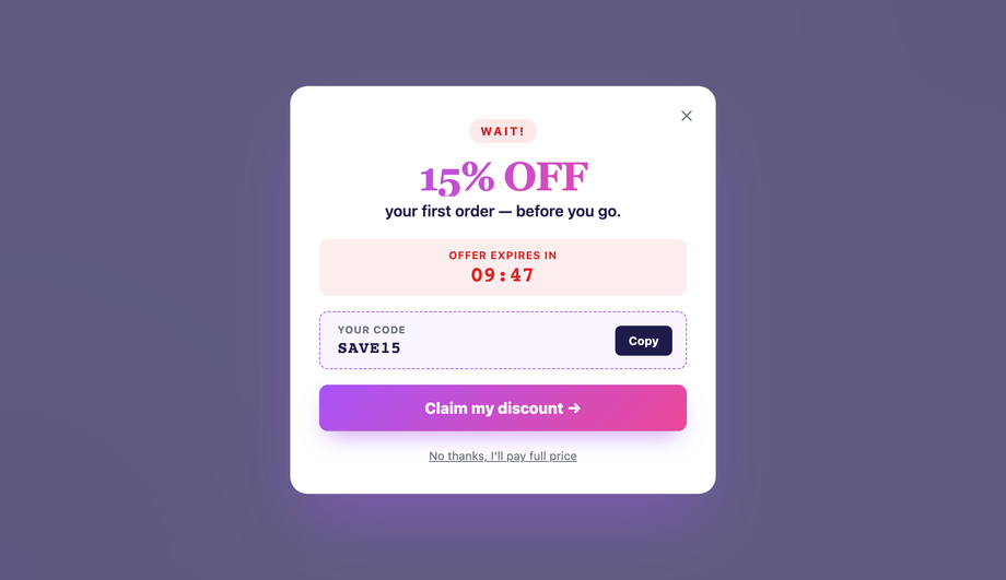 Exit-Intent Discount Modal — preview