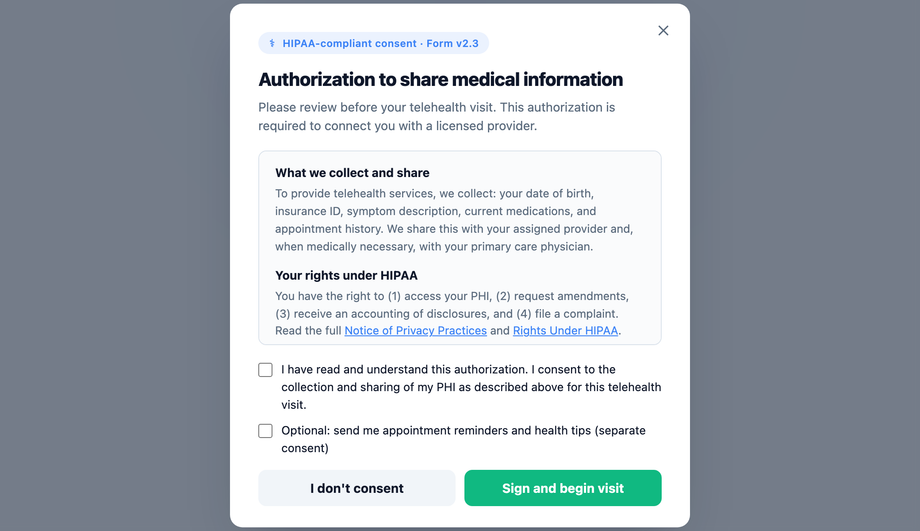 HIPAA Patient Consent Modal — preview
