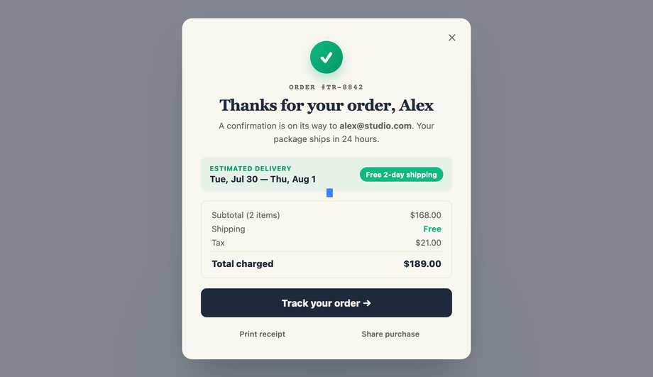 Order Success Confirmation Modal — preview