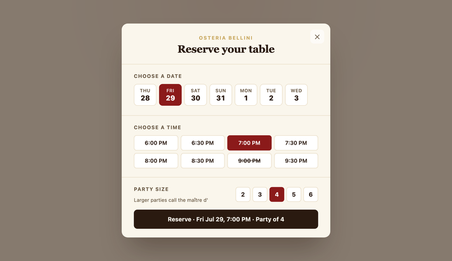 Restaurant Reservation Modal — preview
