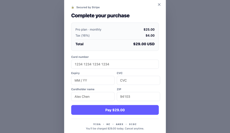 Stripe Payment Checkout Modal — preview