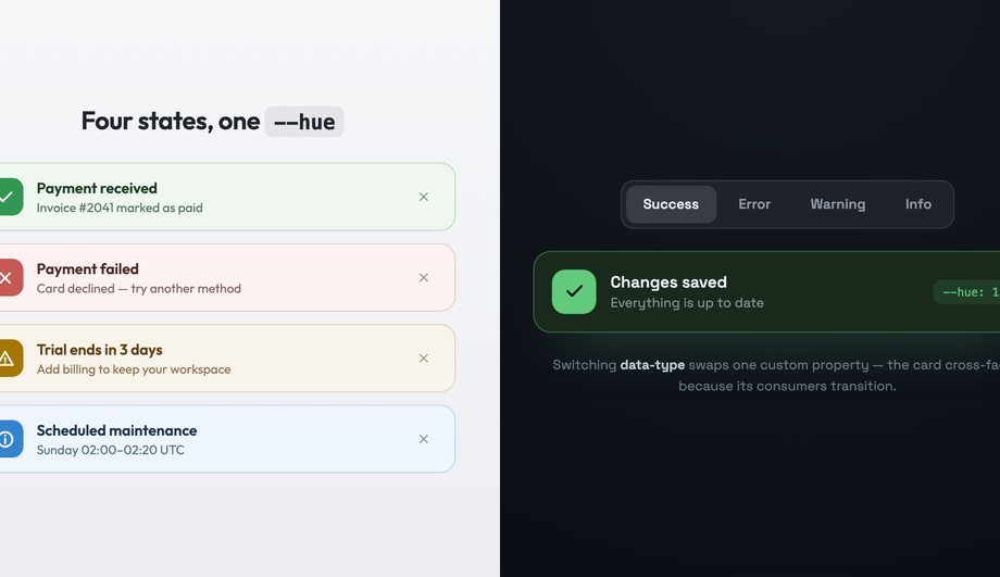 CSS Success Error Warning Info Alert Toasts — preview
