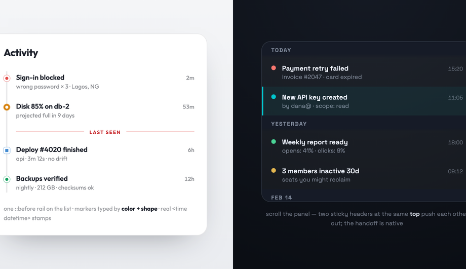 CSS Timeline Alert Feed Component — preview