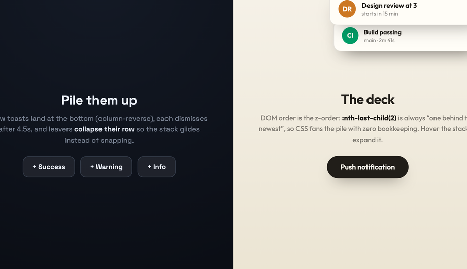 Stacked Toast Notifications CSS Flexbox — preview