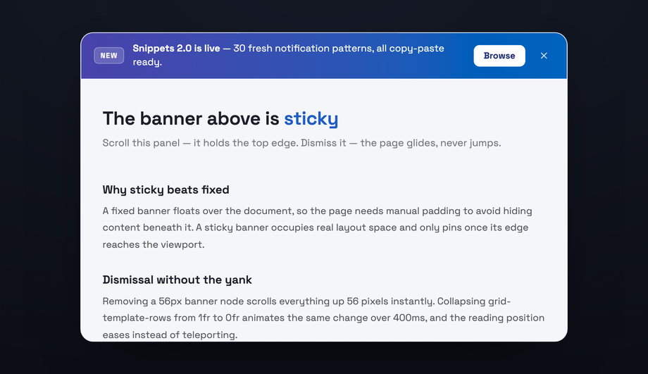 Sticky Top Notification Banner CSS — preview