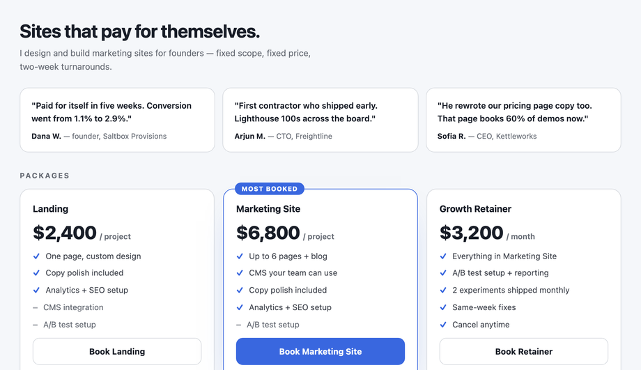 Freelance Web Developer Portfolio Layout with Pricing Table — preview