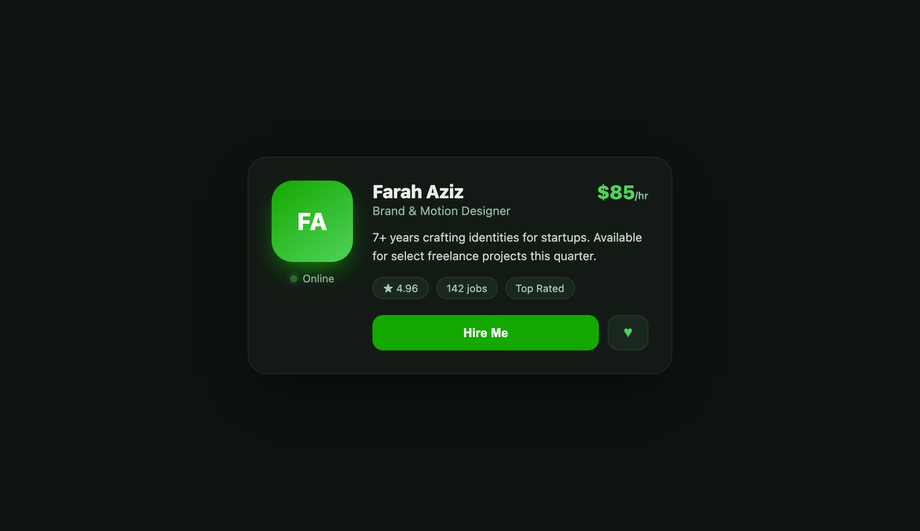 Flexbox E-commerce Hire-Me Badge Card — preview