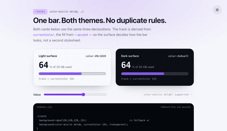 Dark Mode Progress Bar with color-mix Tokens — preview