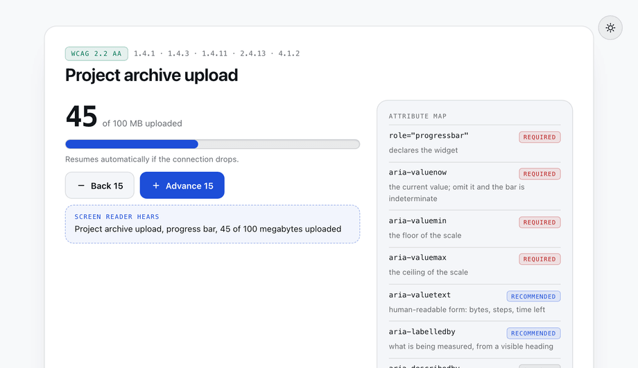 WCAG 2.2 Accessible Progress Bar with role progressbar Semantics — preview