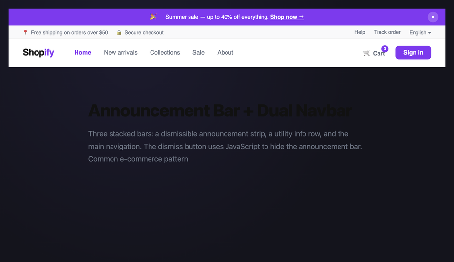CSS Announcement Bar Dual Navbar — preview