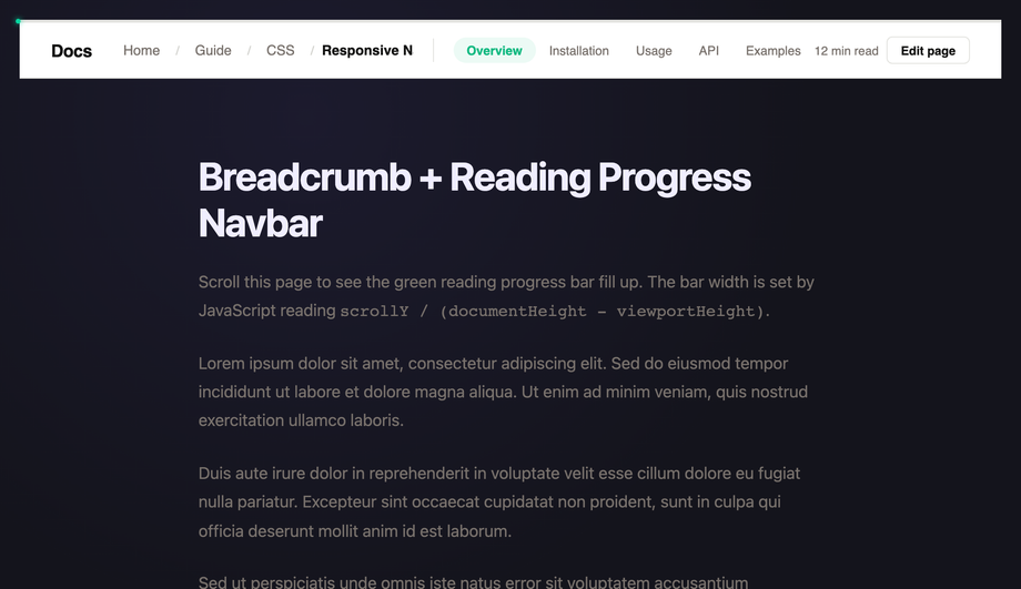 CSS Breadcrumb Reading Progress Navbar — preview