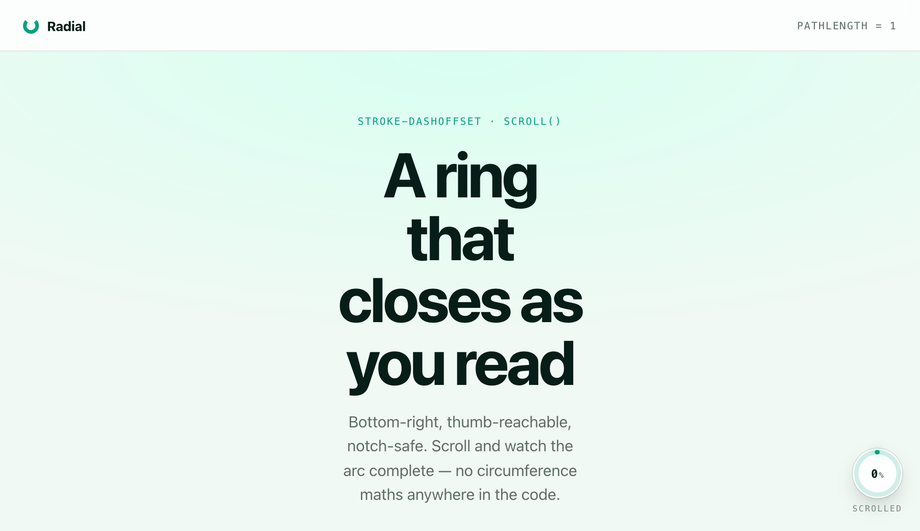 Floating Radial SVG Progress Ring (Bottom-Right) — preview