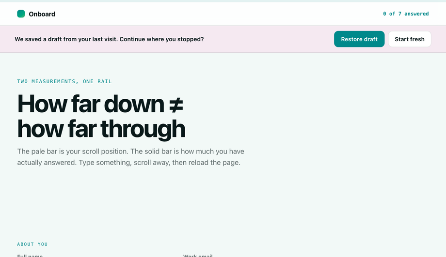 Signup / Onboarding Form Scroll Progress with Save-and-Restore — preview