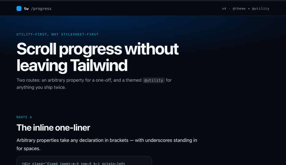 Tailwind CSS Scroll Progress Bar (@theme + arbitrary values) — preview