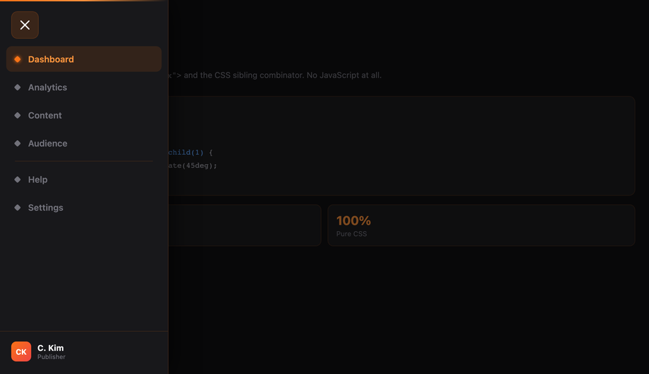 Hamburger Checkbox-Hack Side Menu — preview