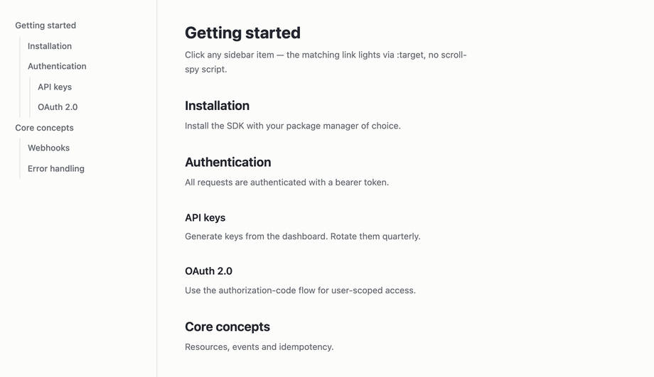 Developer Documentation Sidebar with Scroll-Synced Nesting — preview