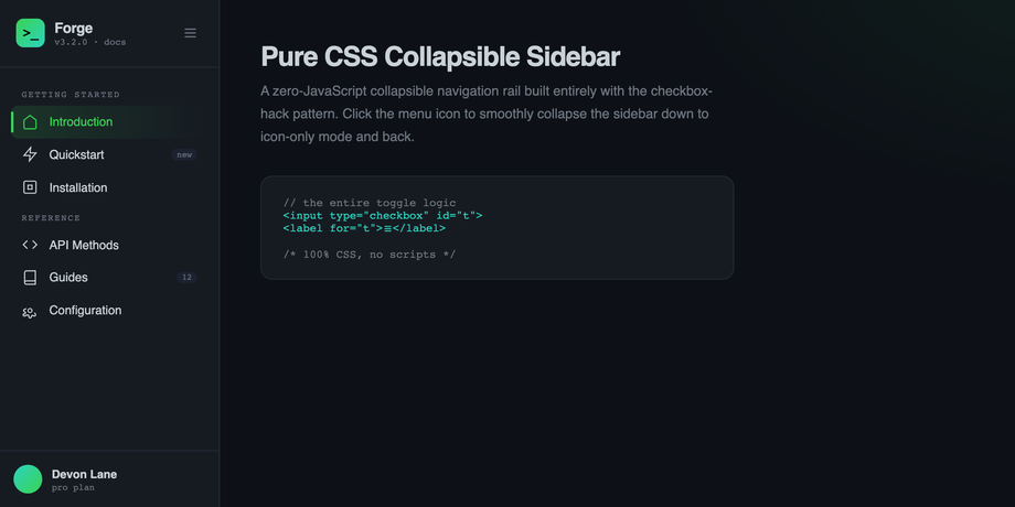 Pure CSS Collapsible Sidebar Navigation Snippet — preview