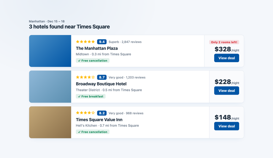 Hotel Search Results Slide-In — preview