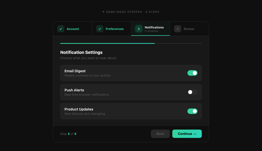 CSS Dark Mode Stepper Component — preview
