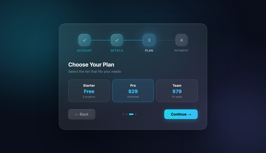 CSS Glassmorphism Stepper UI — preview