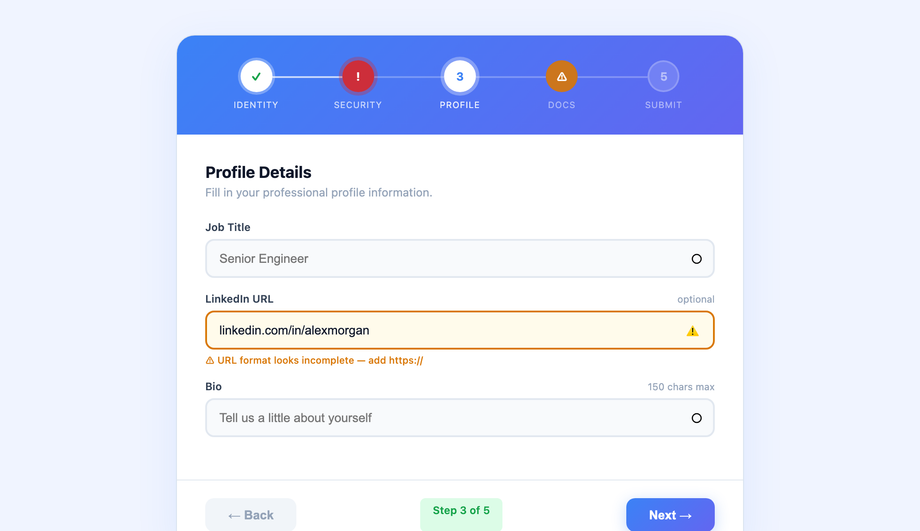 CSS Stepper With Validation States — preview