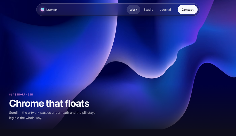 Floating Glass Pill Sticky Navbar (Rounded, Backdrop Blur, Elevation) — preview